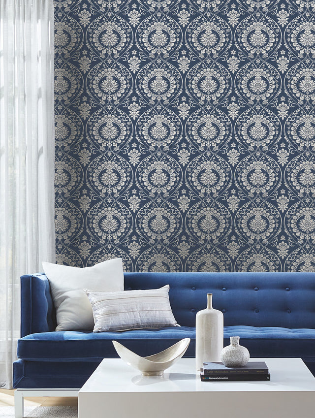 Imperial Damask Navy & Silver Wallpaper with Metallic Damask Motif - York DM4901
