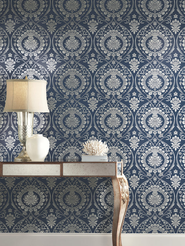 Imperial Damask Navy & Silver Wallpaper with Metallic Damask Motif - York DM4901