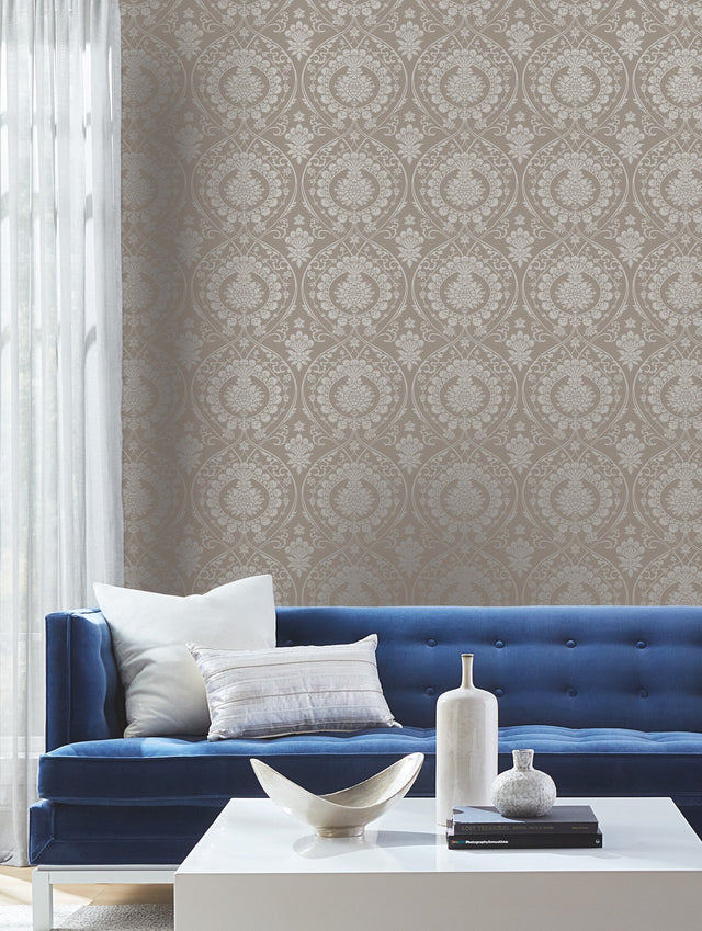 Imperial Damask Beige & Silver Wallpaper with Traditional Medallion Pattern - York DM4902