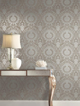 Imperial Damask Beige & Silver Wallpaper with Traditional Medallion Pattern - York DM4902