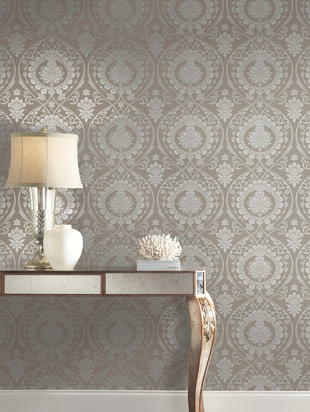 Imperial Damask Beige & Silver Wallpaper with Traditional Medallion Pattern - York DM4902