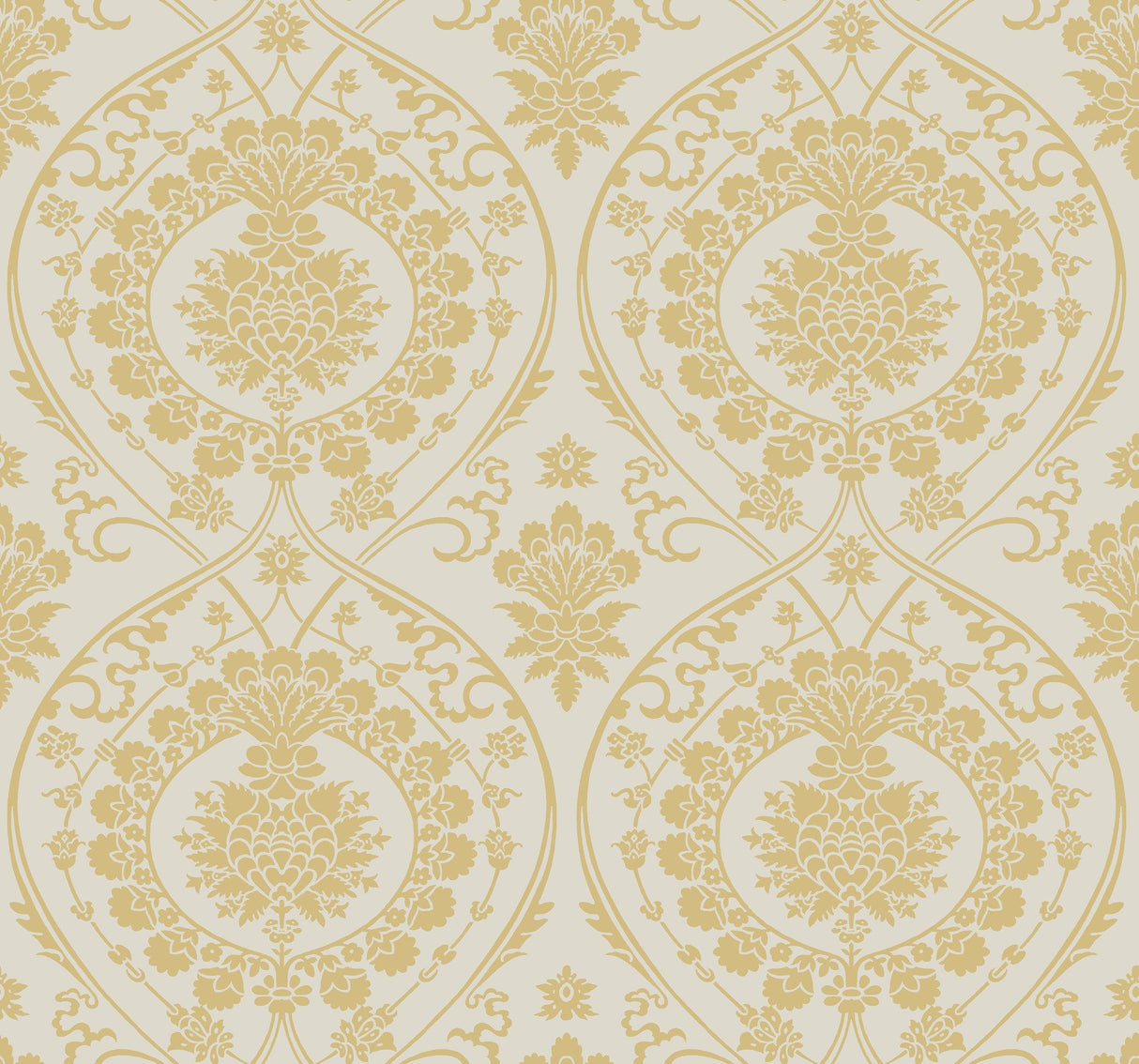 Imperial Damask Off White & Gold Wallpaper with Metallic Damask Motif - York DM4903