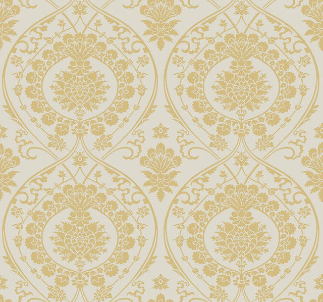 Imperial Damask Off White & Gold Wallpaper with Metallic Damask Motif - York DM4903
