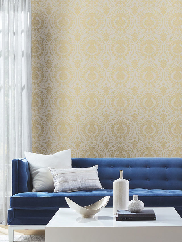 Imperial Damask Off White & Gold Wallpaper with Metallic Damask Motif - York DM4903