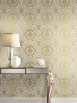 Imperial Damask Off White & Gold Wallpaper with Metallic Damask Motif - York DM4903