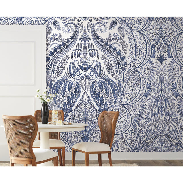 Jaipur Paisley Damask Blue Wall Mural with Classic Botanical Motif - York DM4912M