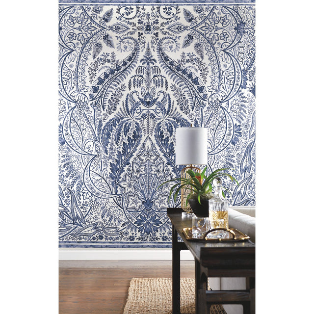 Jaipur Paisley Damask Blue Wall Mural with Classic Botanical Motif - York DM4912M