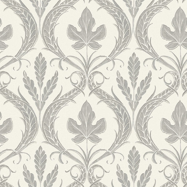 Adirondack Damask Grey & Beige Wallpaper with Traditional Leaf Motif - York DM4925