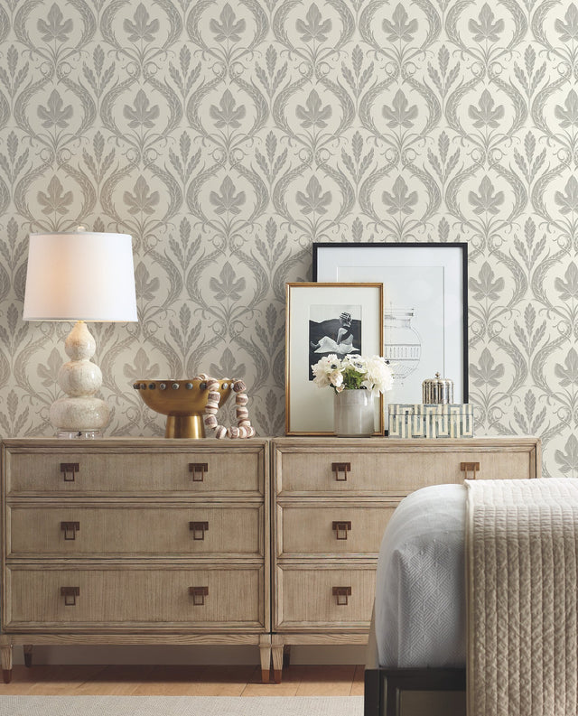 Adirondack Damask Grey & Beige Wallpaper with Traditional Leaf Motif - York DM4925