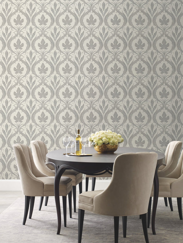 Adirondack Damask Grey & Beige Wallpaper with Traditional Leaf Motif - York DM4925