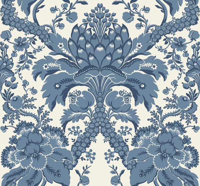 French Artichoke Dam Blue Wallpaper with Classic Damask Motif - York DM4951