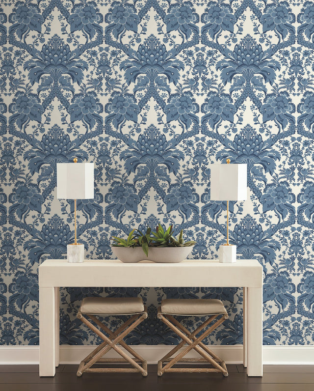 French Artichoke Dam Blue Wallpaper with Classic Damask Motif - York DM4951