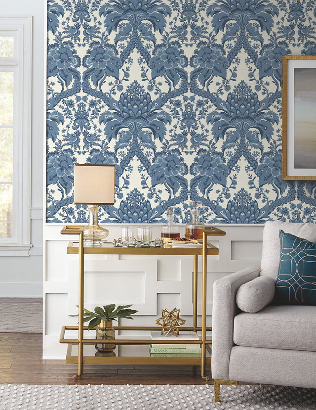 French Artichoke Dam Blue Wallpaper with Classic Damask Motif - York DM4951