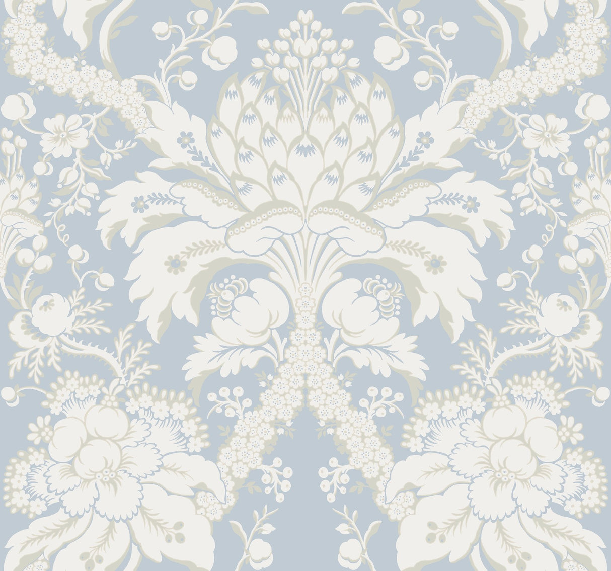 French Artichoke Dam Blue Wallpaper with Traditional Damask Motif - York DM4955