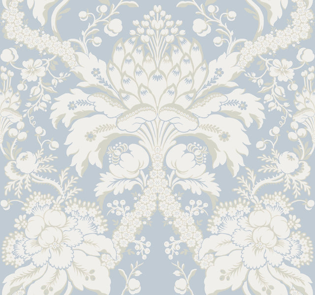 French Artichoke Dam Blue Wallpaper with Traditional Damask Motif - York DM4955