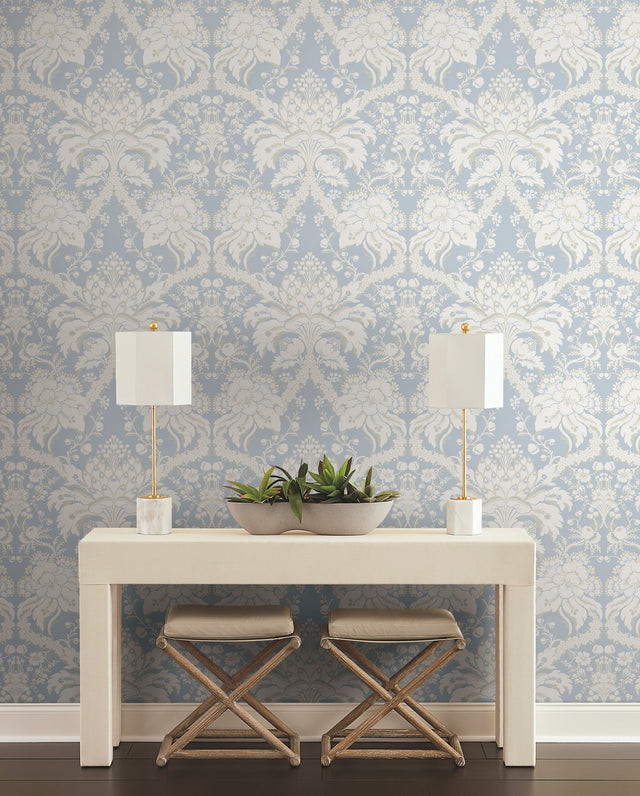 French Artichoke Dam Blue Wallpaper with Traditional Damask Motif - York DM4955