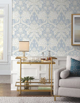 French Artichoke Dam Blue Wallpaper with Traditional Damask Motif - York DM4955