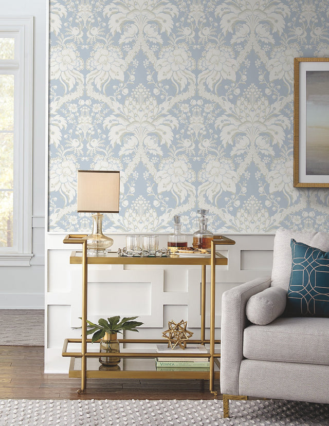 French Artichoke Dam Blue Wallpaper with Traditional Damask Motif - York DM4955