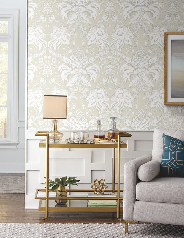 Artichoke Dam Beige & Gold Wallpaper with Classic French Damask Motif - York DM4956