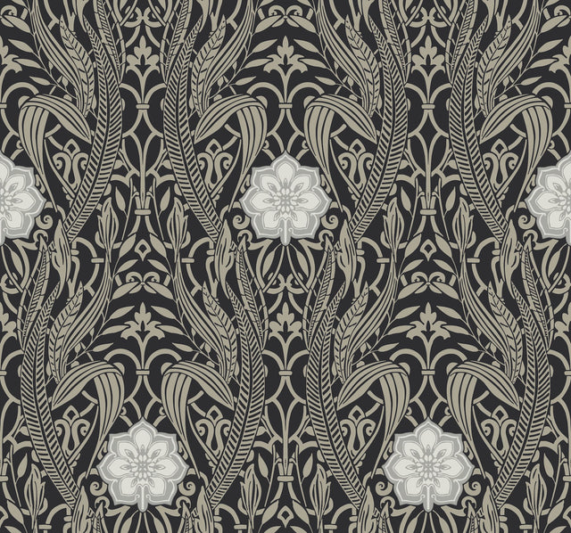 Gatsby Damask Black Wallpaper with Classic Arts & Crafts Motif - York DM4995
