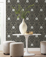 Gatsby Damask Black Wallpaper with Classic Arts & Crafts Motif - York DM4995