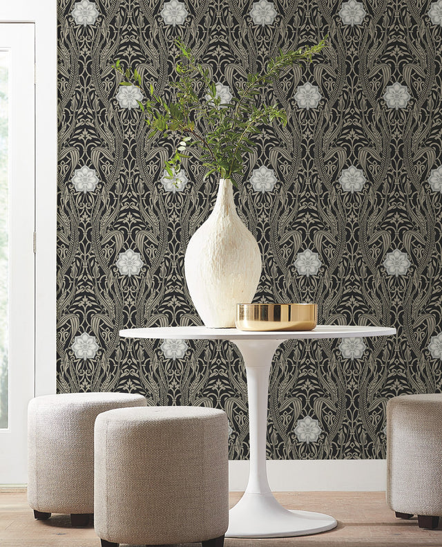 Gatsby Damask Black Wallpaper with Classic Arts & Crafts Motif - York DM4995