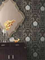 Gatsby Damask Black Wallpaper with Classic Arts & Crafts Motif - York DM4995