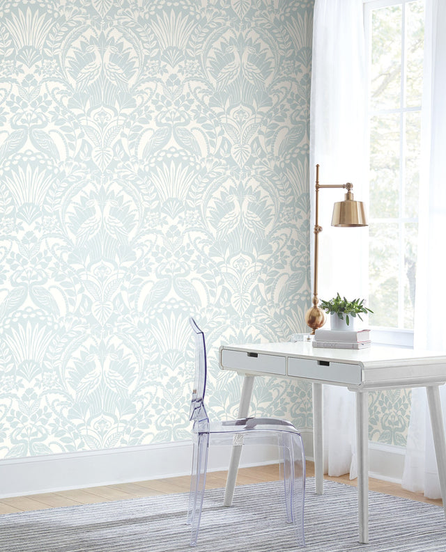 Egret Damask Blue Wallpaper with Sure Strip Prepasted Material - York DM4999