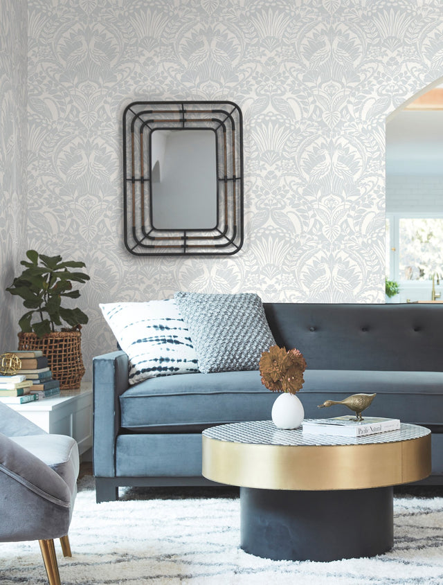 Egret Damask Blue Wallpaper with Sure Strip Prepasted Material - York DM4999