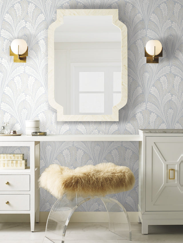 Shell Damask Blue Wallpaper with Classic Leafed Shell Motif - York DM5021