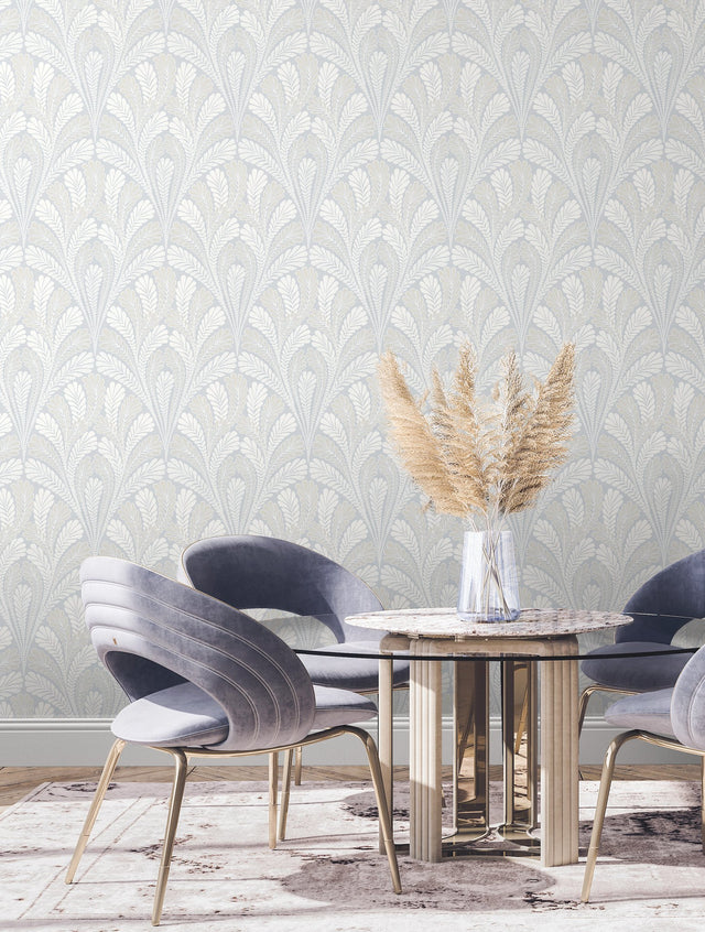 Shell Damask Blue Wallpaper with Classic Leafed Shell Motif - York DM5021