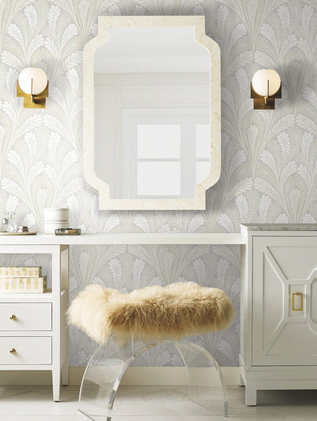 Shell Damask Grey Wallpaper with Modern Metallic Leaf Motif - York DM5022