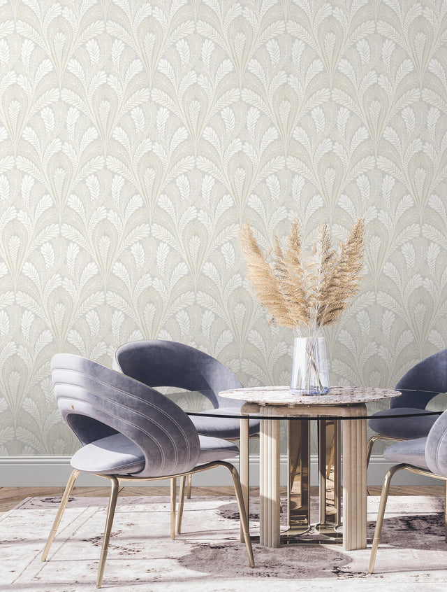 Shell Damask Grey Wallpaper with Modern Metallic Leaf Motif - York DM5022