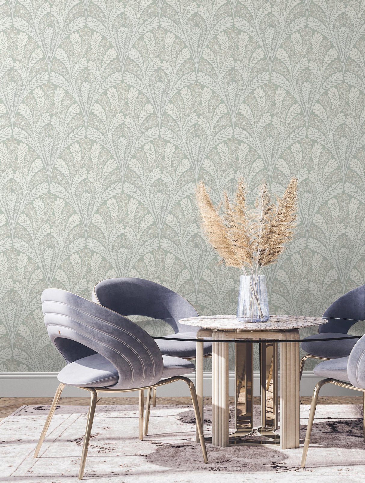Shell Damask Green Wallpaper with Classic Leafy Shell Motif - York DM5023