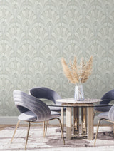 Shell Damask Green Wallpaper with Classic Leafy Shell Motif - York DM5023