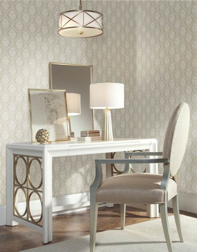 Petite Ogee Beige Wallpaper with Classic Damask Ogee Pattern - York DM5025