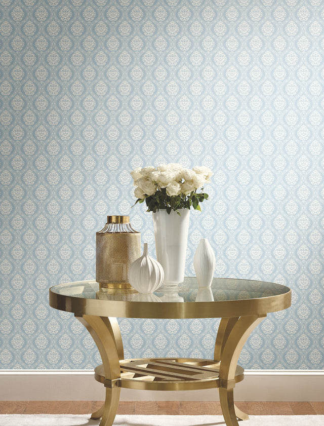 Petite Ogee Blue Wallpaper with Small Scale Damask Ogee Motif - York DM5026