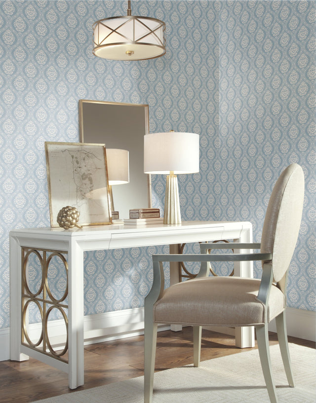 Petite Ogee Blue Wallpaper with Small Scale Damask Ogee Motif - York DM5026