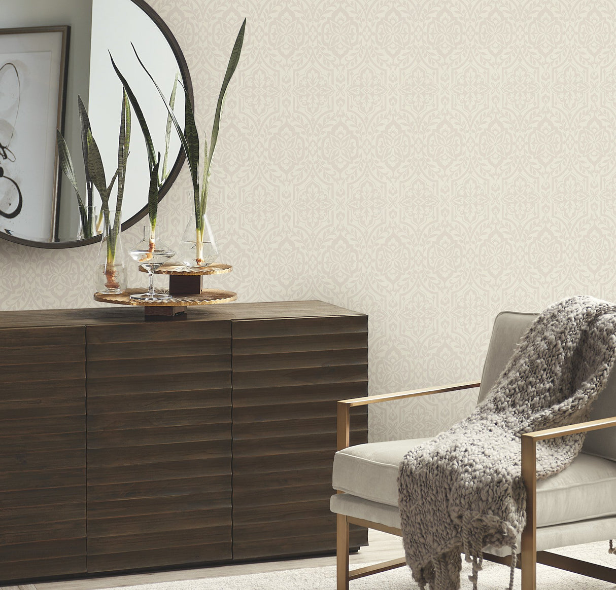 Cathedral Damask Taupe Wallpaper with Raised Filigree Pattern - York DM5034