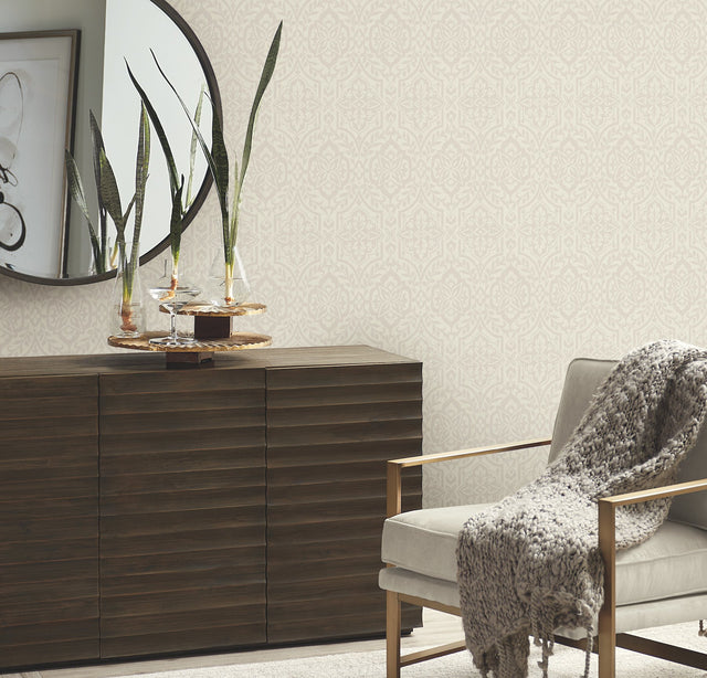Cathedral Damask Taupe Wallpaper with Raised Filigree Pattern - York DM5034