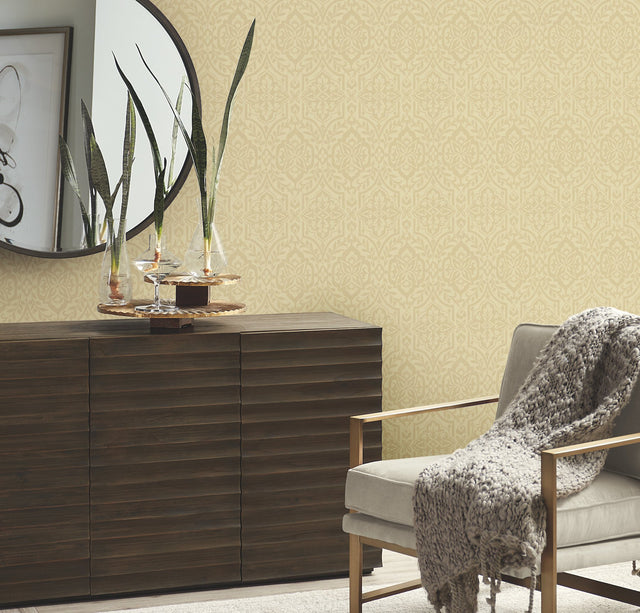 Cathedral Damask Gold Wallpaper with Traditional Damask Motif - York DM5035