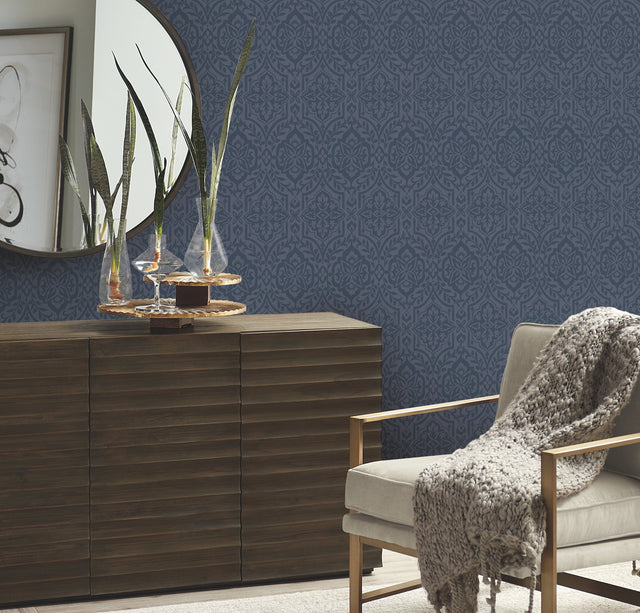 Cathedral Damask Blue Wallpaper with Raised Filigree Motif - York DM5037