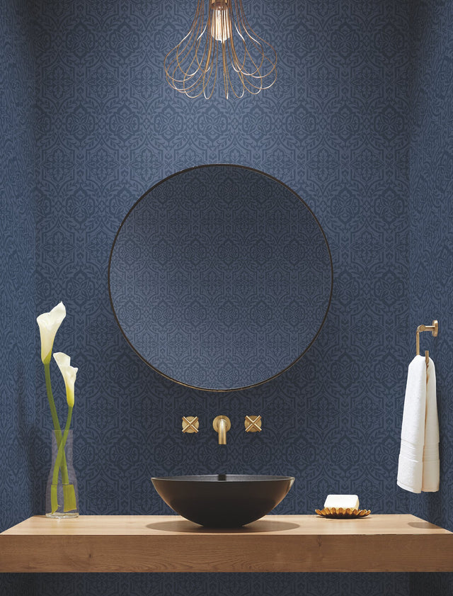 Cathedral Damask Blue Wallpaper with Raised Filigree Motif - York DM5037
