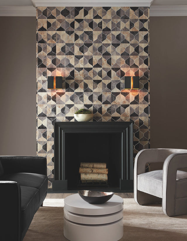 Burlwood Ogee Black & Taupe Wallpaper with Wood Veneer Ogee Pattern - York DT5001