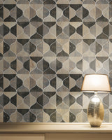 Burlwood Ogee Black & Taupe Wallpaper with Wood Veneer Ogee Pattern - York DT5001