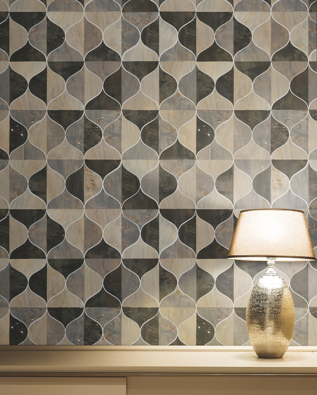 Burlwood Ogee Black & Taupe Wallpaper with Wood Veneer Ogee Pattern - York DT5001