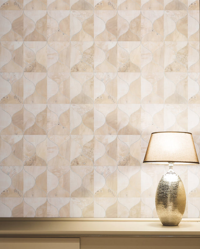 Burlwood Ogee White Wallpaper with Wood Veneer Ogee Pattern - York DT5002