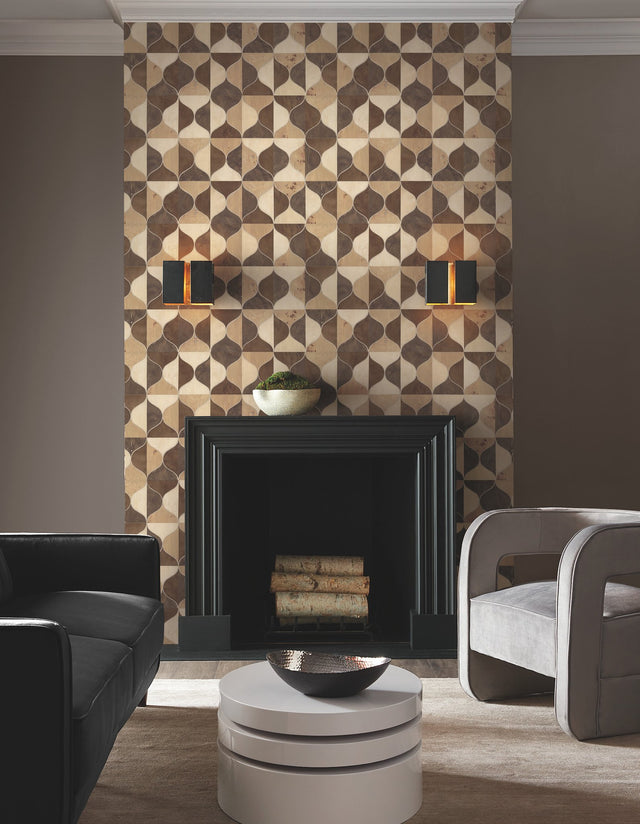Burlwood Ogee Warm Neutral Wallpaper with Wood Veneer Inlay Look - York DT5003