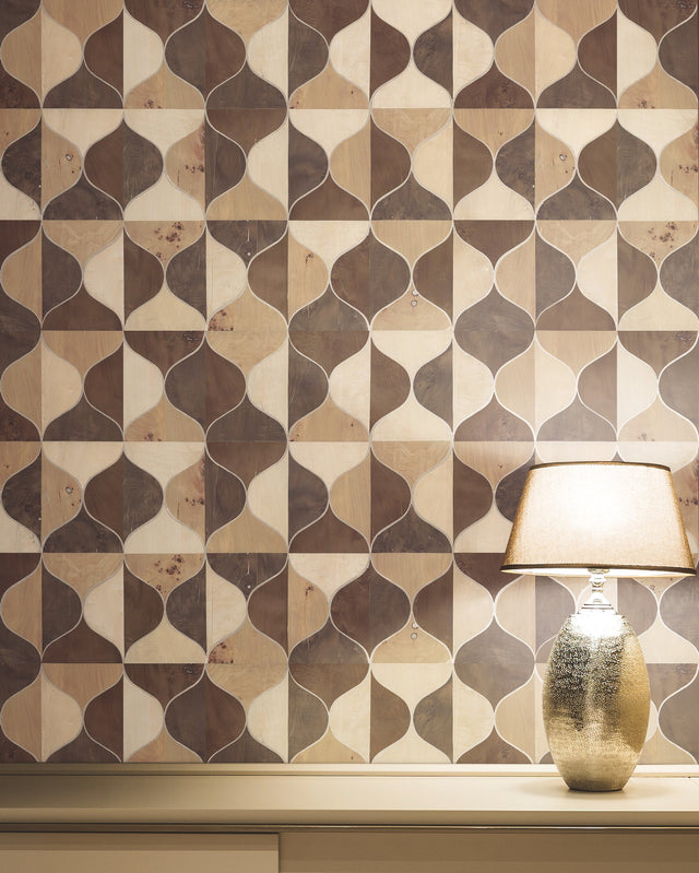 Burlwood Ogee Warm Neutral Wallpaper with Wood Veneer Inlay Look - York DT5003