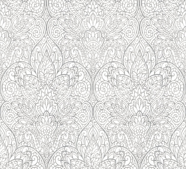 Paradise Bright White & Silver Damask Non Woven Wallpaper - York DT5011